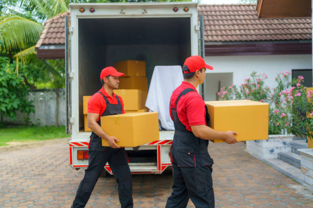 Two transport workers unloading boxes in order to move to a new house for customers