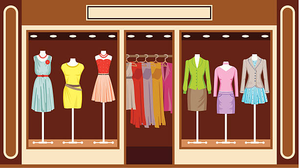 부틱. 여성용 의류 쇼핑하다 - mannequin clothing window display fashion stock illustrations