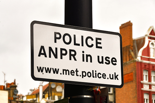 London, England, UK - 28 June 2023: Sign warning drivers the Metropolitan Police is using Automatic Number Plate Recognition ANPR equipment to monitor vehicles