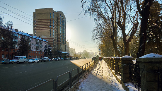 Chiaroscuro in the winter city in the morning