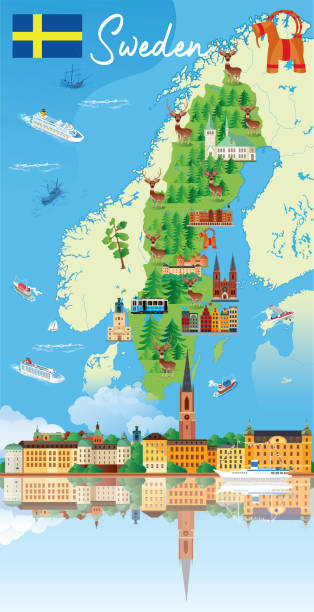karikaturkarte von schweden - stockholm sweden flag swedish culture stock-grafiken, -clipart, -cartoons und -symbole