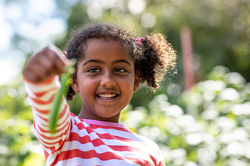 Waist-up shot of a young girl holding up a pea pod which is out of focus. She is standing outside smiling at the pea pod wearing casual clothing.