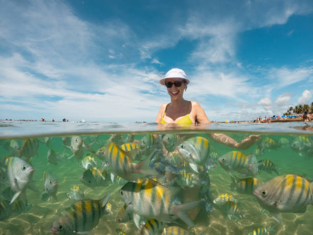 istock Tourist bathing with fish on the tropical beach 1560874025