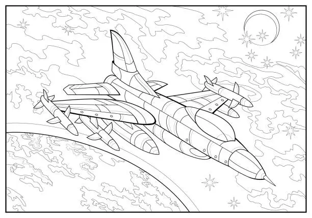 Vector illustration of Supersonic aircraft flies high in the sky above earth. Coloring book for children and adults. Image in zen-tangle style. Printable page for drawing and meditation. Black and white vector illustration.