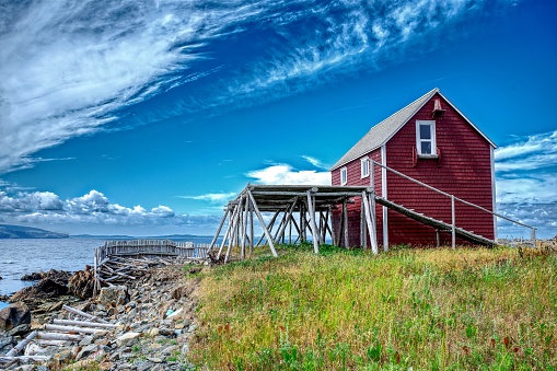 Abandoned Shed, Bonavista, Newfoundland infant of a Beautiful blue sky and the ocean