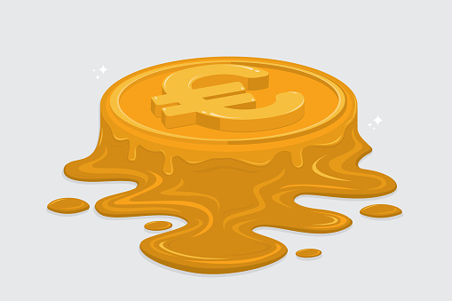 A melting golden Euro coin on a gray background.