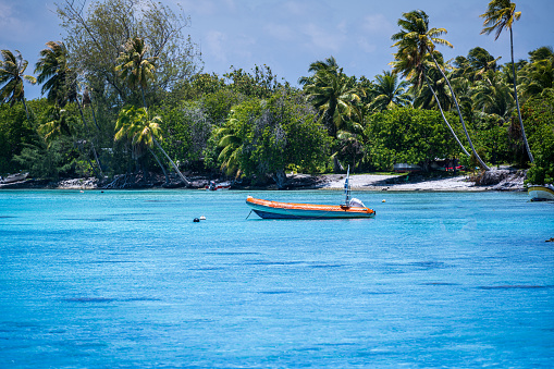 A telephoto shot of a small boat tied up in beautiful blue water close to shore surrounded  by palm trees