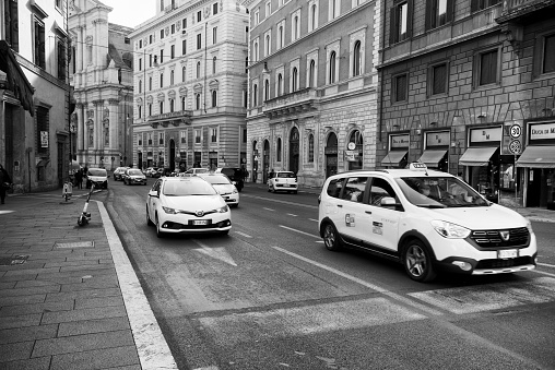 Rome - 10/28/2021: taxi in corso Vittorio Emanuele II, downtown Rome, Italy.