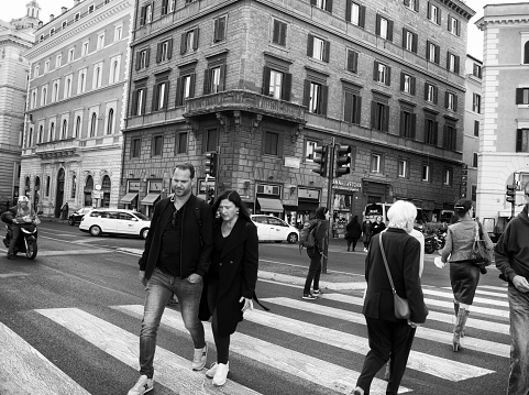 Rome - 10/28/2021: people walking in corso Vittorio Emanuele II, downtown Rome, Italy.