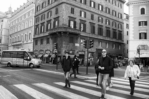 Rome - 10/28/2021: people walking in corso Vittorio Emanuele II, downtown Rome, Italy.