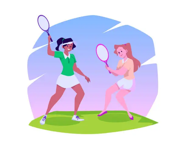 Vector illustration of Young female tennis players with rackets on the lawn, vector cartoon illustration isolated on white background