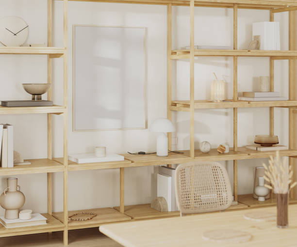 istock Room interior with cupboard and decor, poster frame mock up, dining table and chair, 3d rendering 1560938511