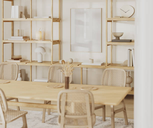 istock empty frame mock up on white wall with shelves with decor, dining table in living room interior, 3d rendering 1560938525