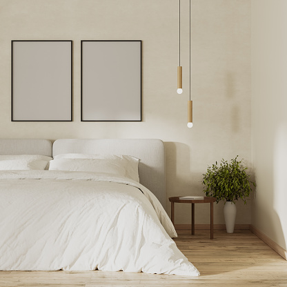 Poster frames mock up above bed in modern bedroom interior, 3d render