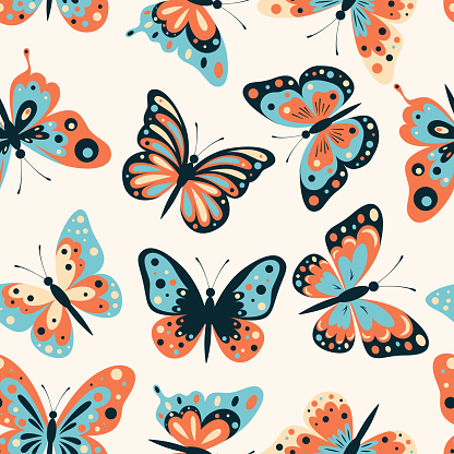 Vector Seamless Pattern with Flat Butterflies. Multicolored Butterflies with Different Wings. Decorative Design Element, Seamless Print. Vector illustration.