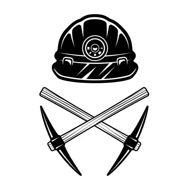 Vector illustration of Miner helmet and two crossed pickaxes vector illustration in vintage style isolated on white background