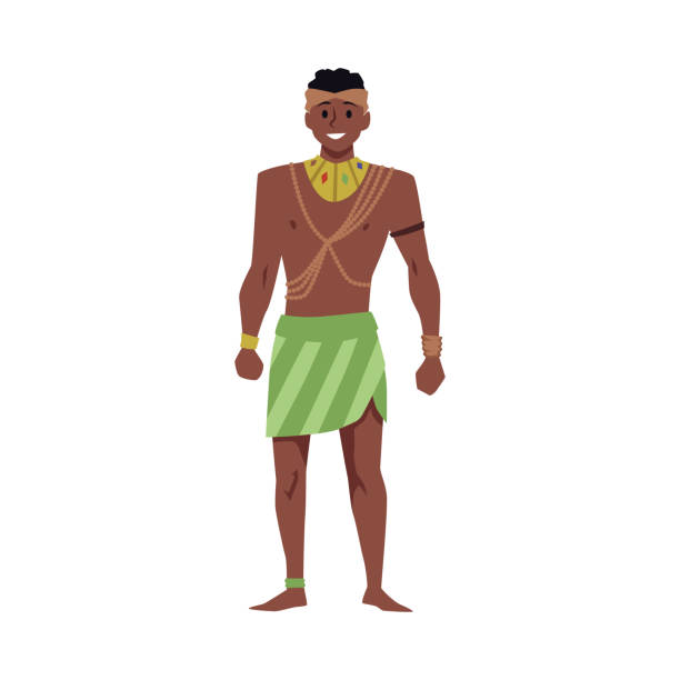 Strong dark-skinned tribal man in jewelry and skirt, traditional ethnic clothes, vector illustration African aborigine Strong dark-skinned tribal man in jewelry and skirt. Colorful vector illustration African aborigine. Cartoon character in traditional tribal ethnic clothes isolated on white background zulu chief stock illustrations
