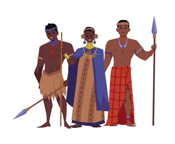 Vector illustration of Happy African people in traditional clothes, flat vector illustration isolated on white background. Indigenous people of Africa, warriors with spears. African culture and traditions.