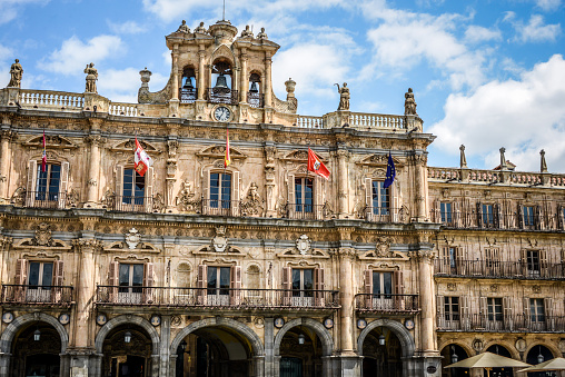Front View Of Majestic Plaza Mayor, Castilla y Leon In Salamanca, Spain