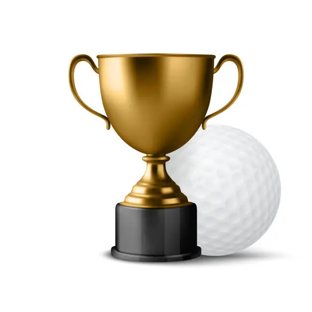 Vector illustration of Realistic Vector 3d Golden Champion Cup Icon with Golf Ball Set Isolated on White Background. Design Template of Championship Trophy. Sport Tournament Award, Gold Winner Cup and Victory Concept