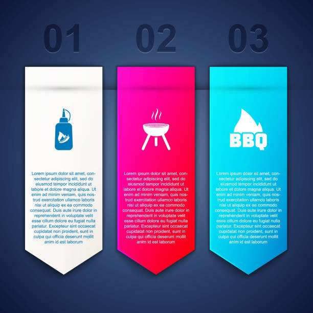 ilustraciones, imágenes clip art, dibujos animados e iconos de stock de establecer la botella de ketchup, la parrilla de barbacoa y la llama de fuego. plantilla de infografía empresarial. vector - party barbecue grill burning healthcare and medicine