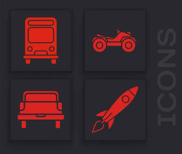 Vector illustration of Set Rocket ship with fire, Bus, All Terrain Vehicle or ATV motorcycle and Pickup truck icon. Vector