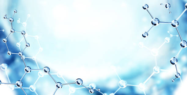 istock Horizontal banner with model of abstract molecular structure. Background of blue color with glass atom model 1560970207