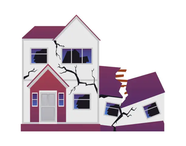 Vector illustration of Abandoned building flat vector isolated illustration, house cracked in earthquake, consequences of natural disaster