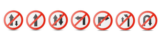 istock Vector Red and White Round Prohibition Traffic Sign with Arrow Icon Set Isolated. One Way, No Straight Ahead, Vehicles, Turn, Overtaking, U-Turn Traffic Road Plate, Sign Design Templates 1560983147