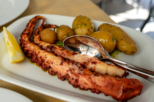 polvo a lagareiro grilled octopus popular food in portugal Porto on a dish in a restaurant .