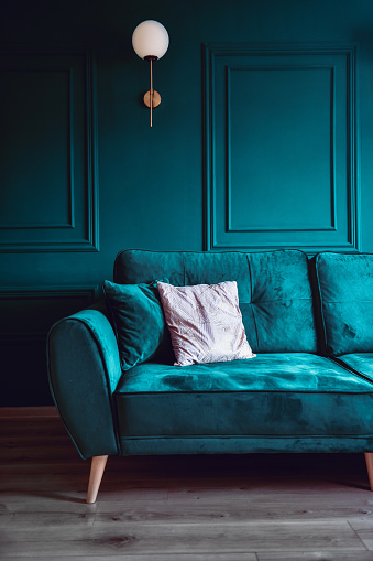 Vintage Style Blue Colored Living Room With Sofa