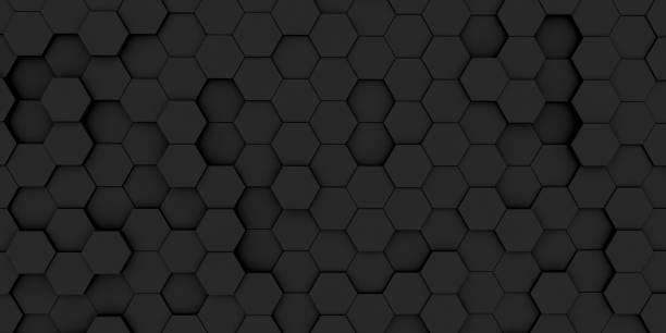 istock Luxury hexagonal abstract black metal background. Dark 3d geometric texture illustration. Grid pattern. Pure black horizontal banner wallpaper. Carbon elegant. 1561051895