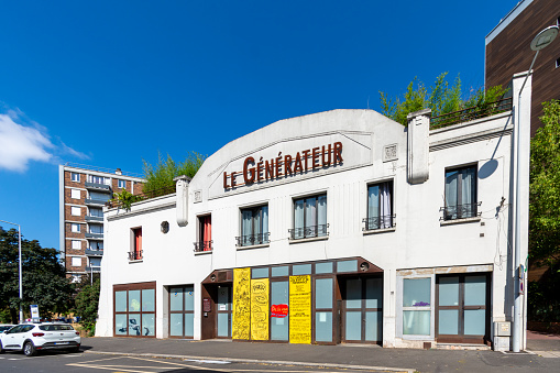 Gentilly, France - July 21, 2023: Exterior view of Le Générateur, a former cinema turned performance hall and space dedicated to contemporary artistic creation, visual arts and performance