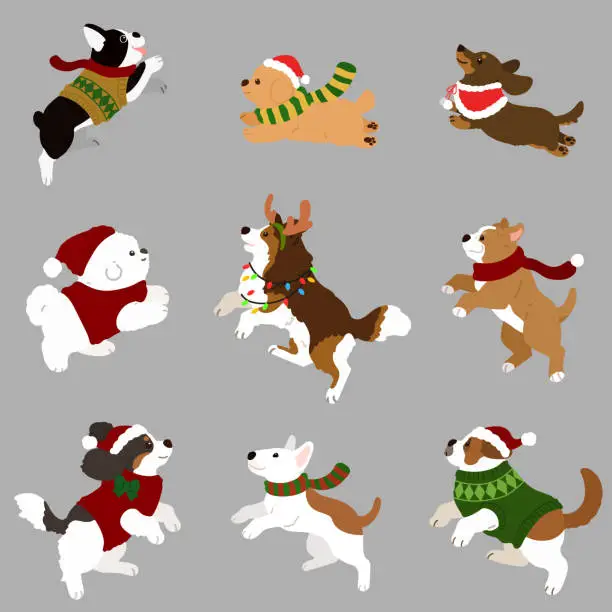 Vector illustration of Simple and cute Christmas illustrations with adorable dogs jumping