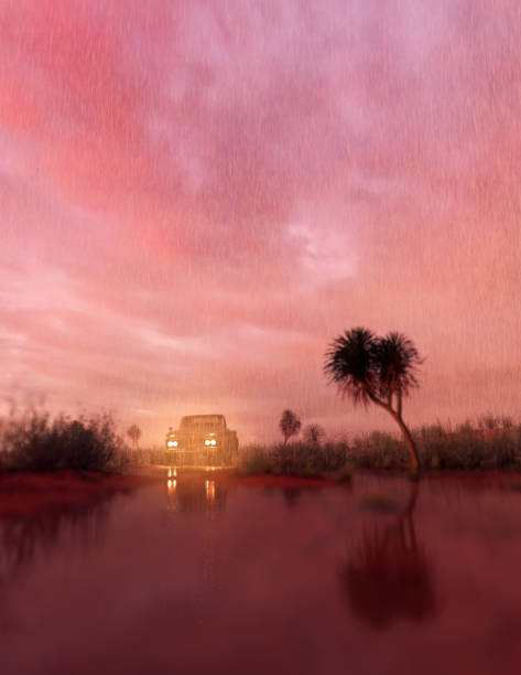 Pickup truck with headlights on in arid landscape during heavy rainfall at sunset. 3D render.