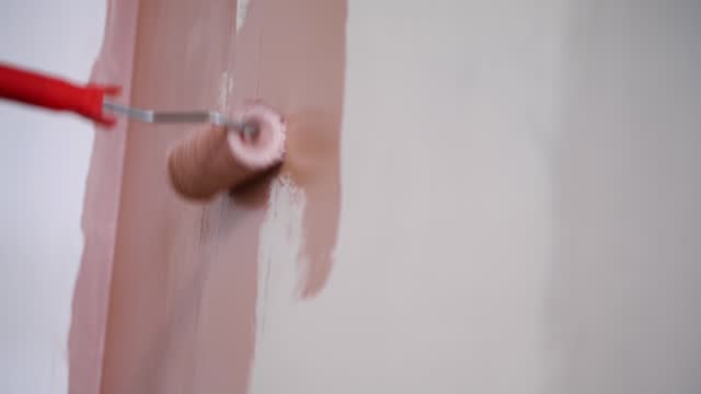 wall painting. water-based paint. roller painting. repair. close-up. Painting white wall in pink using paint roller. Making renovation in flat, room, house, apartment. Finishing and construction work.