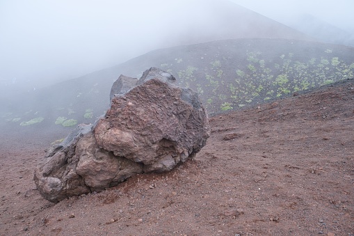 Etna volcanic landscape in fog in Sicily in southern Italy,