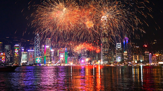 Chinese New Year fireworks at Victoria habour, Hong Kong