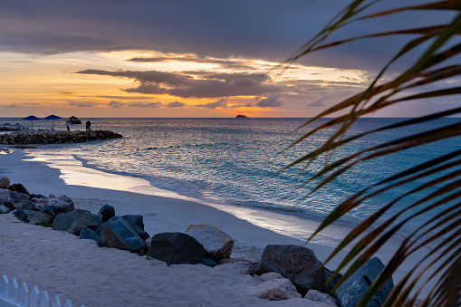 Beautiful Sunset with Palm trees on Dickenson Bay Beach, Antigua and Barbuda