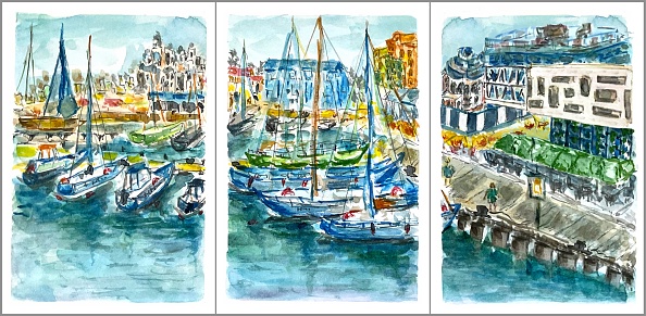 Seafront with yachts, watercolor illustration for postcards
