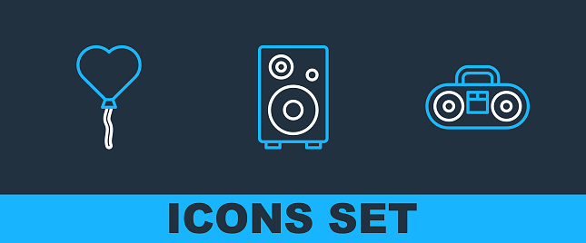 Set line Home stereo with two speakers Balloons in form of heart and Stereo icon. Vector.
