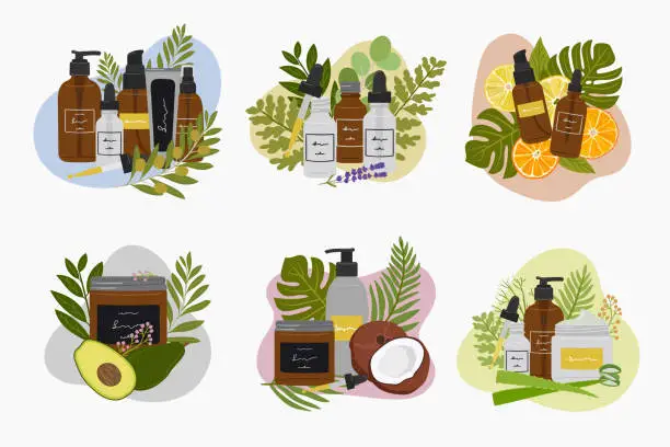 Vector illustration of Big set of compositions with organic cosmetic products in bottles, jars for skin care with abstract shape and greenery. Cleanser, tonner, serum, cream product. Hand draw vector illustration