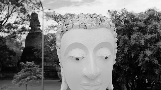 Buddha head close up in black and white Ayutthaya Thailand