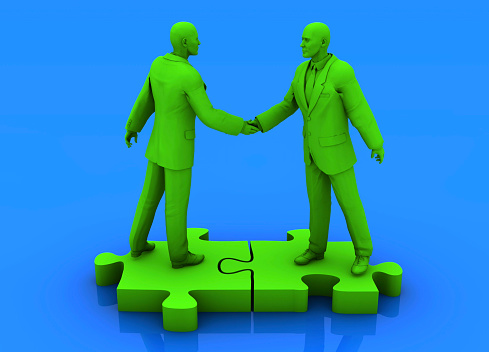 Businessmen making deals in internet sea by moving on puzzle pieces.