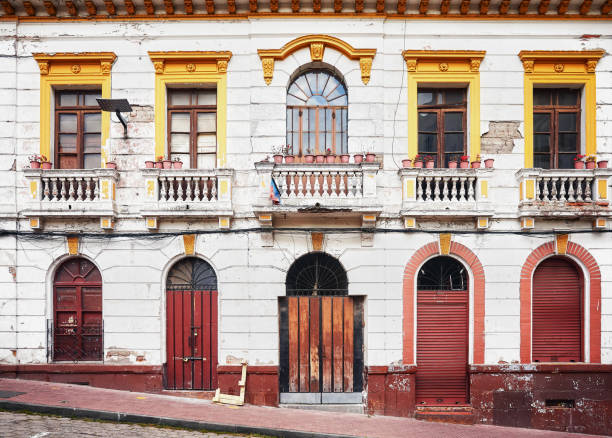 Street view of an old building facade, architecture background, Quito, Ecuador.