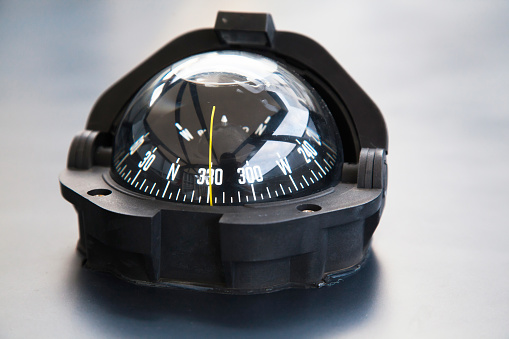 Gyro compass on an expensive yacht close-up. Yacht navigation equipment.