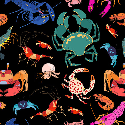 Seamless vector pattern with animals under water. Colored crabs, shrimps, lobster, crayfish on black background. Hand drawing sketch illustration for kitchen cover, fabric, wallpaper or wrapping paper, textile