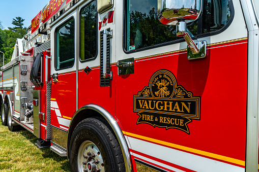 A Vaughan Fire and Rescue Vehicle parking in the park for tourists to watch,Woodbridge, Ontario, Canada.