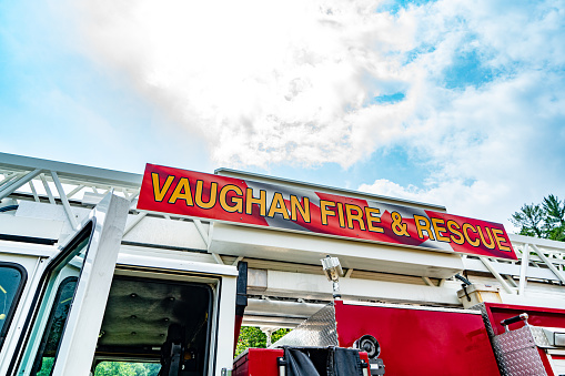 A Vaughan Fire and Rescue Vehicle parking in the park for tourists to watch,Woodbridge, Ontario, Canada.