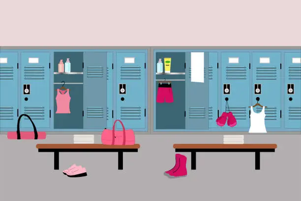 Vector illustration of locker room and sports equipment belonging to female athletes